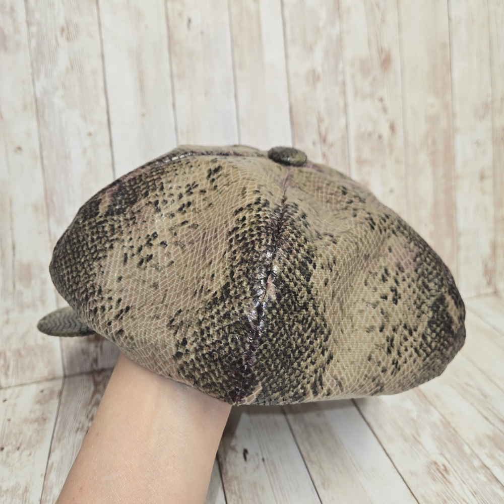 Vintage Snakeskin Print Newsboy Hat Olive Green Brown Tan Baker Boy Cap - Picture 6 of 12